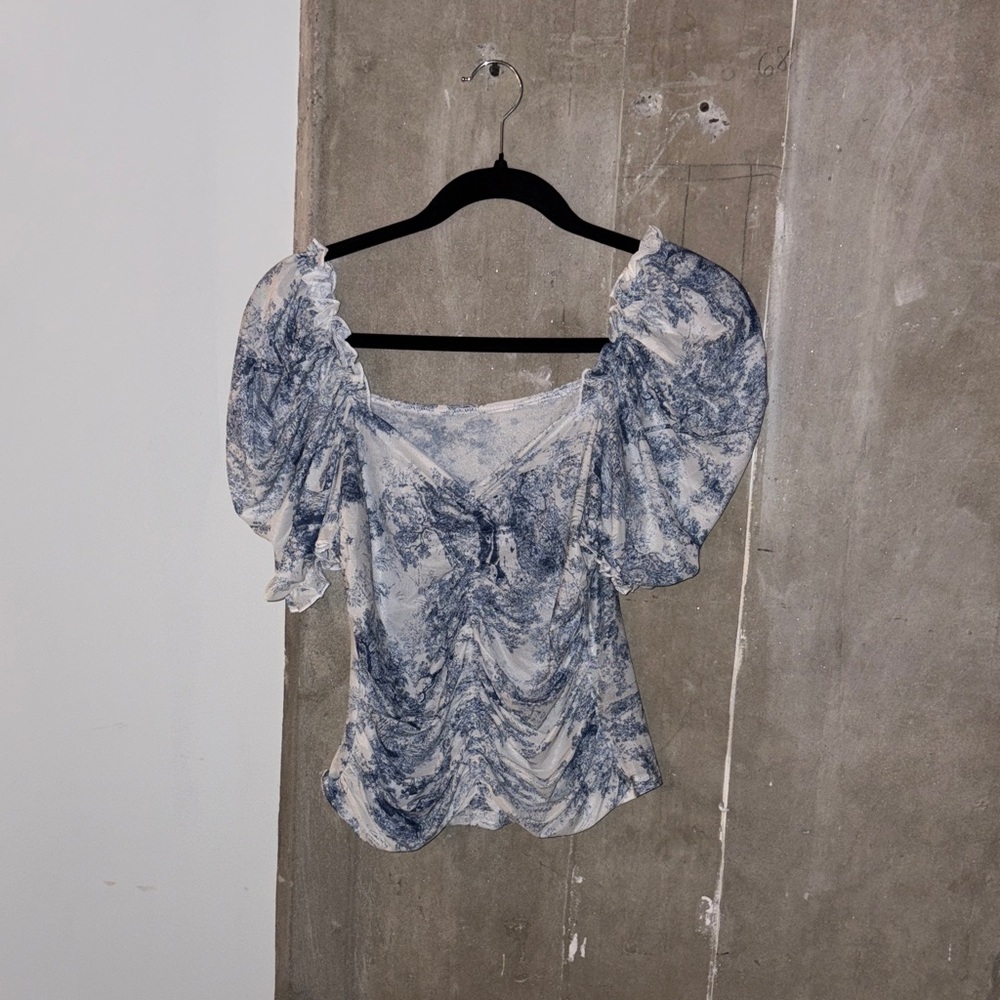 SHEIN Blue and White Puff Sleeve Blouse
